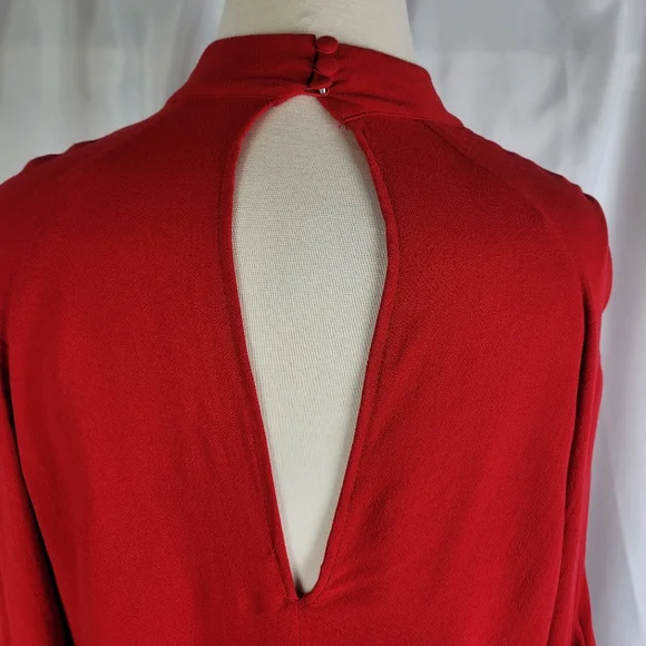 H&M Red Crepe Flounce Sleeve Keyhole Back High Neck Tunic Shift Dress Size 6 - Picture 11 of 16
